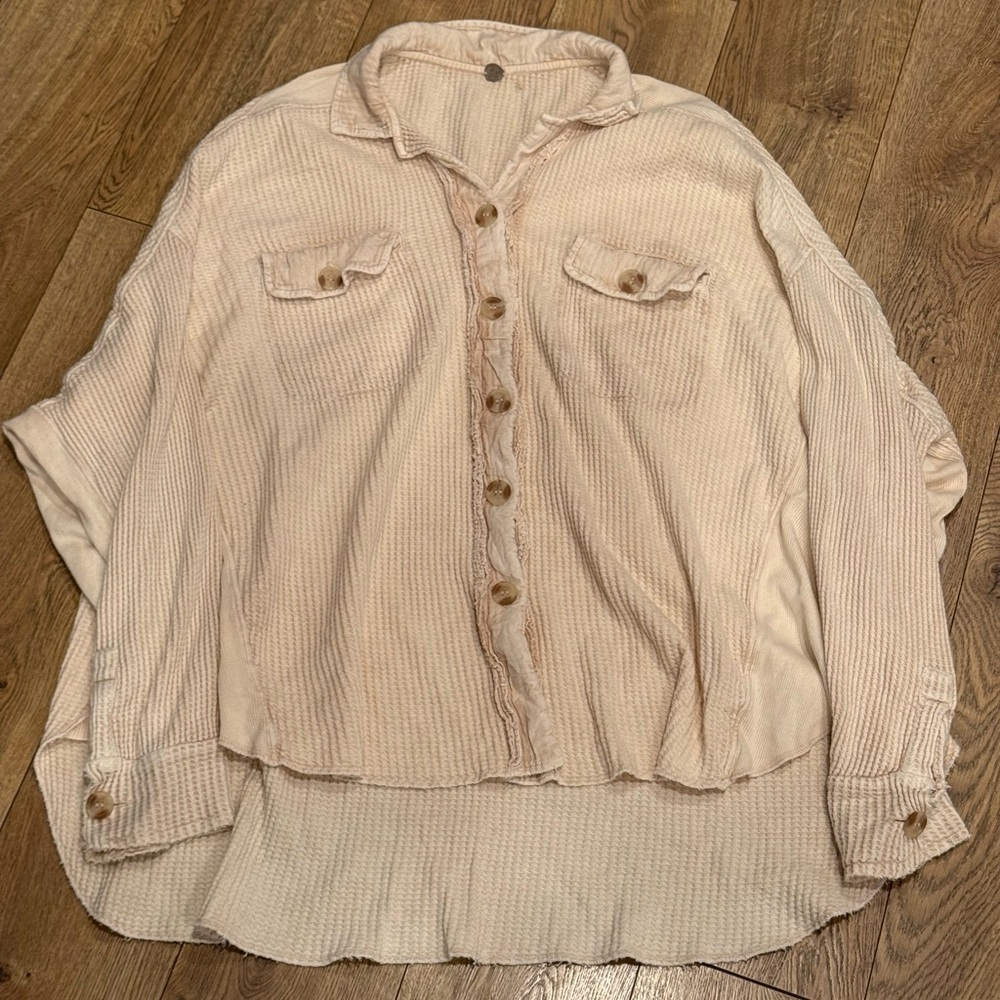 Free People One Scout Jacket Shacket Waffle Thermal Knit Slouchy Nude Sand - Picture 6 of 16